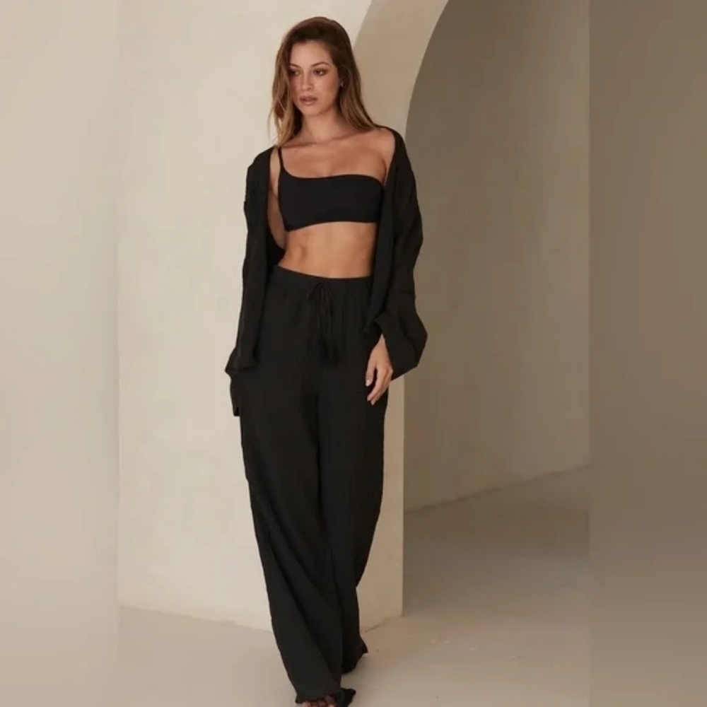 Monday Swimwear Tahiti Pant in Black Crinkle Linen Sz L